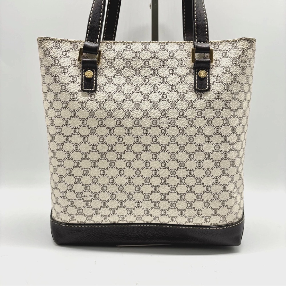 CELINE Tote Bag Macadam PVC Leather White Brown Vintage - Picture 3 of 14